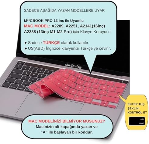 Alternative view of MacBook Pro Türkçe Q Çeviri Klavye Koruyucu US ANSI Amerikan Düz Enter A2338 M1 M2 A2251 A2289 A2141 Uyumlu Silikon Keyboard Cover Pembe