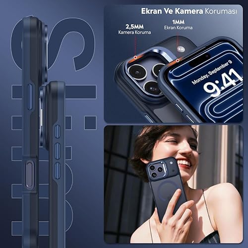 iPhone 17 Pro Max için Kılıf Kamera Korumalı Magsafe Wireless Şarj Özellikli Mat Şeffaf Renkli Standlı Kılıf Lens Hediyeli Lacivert
