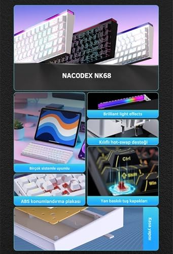 Desenli Kablolu Ergonomik Mekanik Oyuncu Klavyesi-Ambiyans Aydınlatmalı Nacodex NK-68 Kontur Desenli - Beyaz