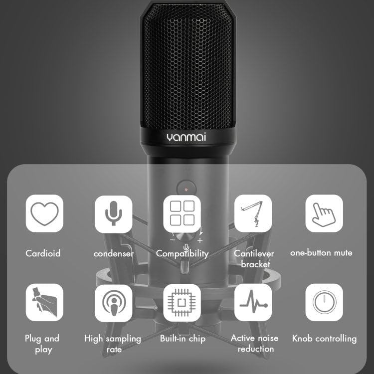Alternative view of USB Condenser Masaüstü Mikrofon Seti – Kardioid Yönlü, 16bit/48kHz Profesyonel Kayıt, LED Kontrollü, Shock Mount ve Stand Dahil – Streaming, Podcast, Oyun ve Vokal İçin | Q10-Q10B