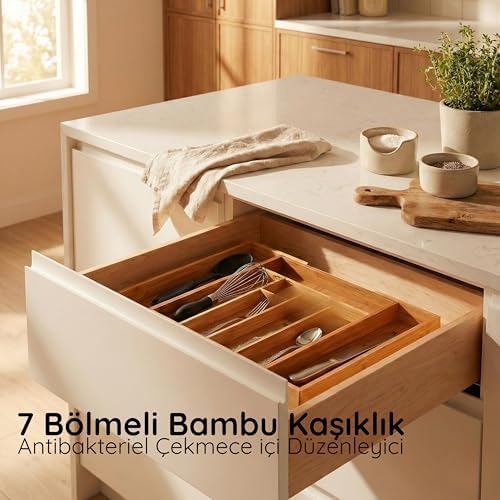 Bambu Ayarlanabilir Çekmece İçi Kaşıklık | Genişletilebilir Çatal Bıçak Organizeri | Doğal, Hijyenik ve Çevre Dostu Mutfak Düzenleyici (Bambu) - Görsel 2