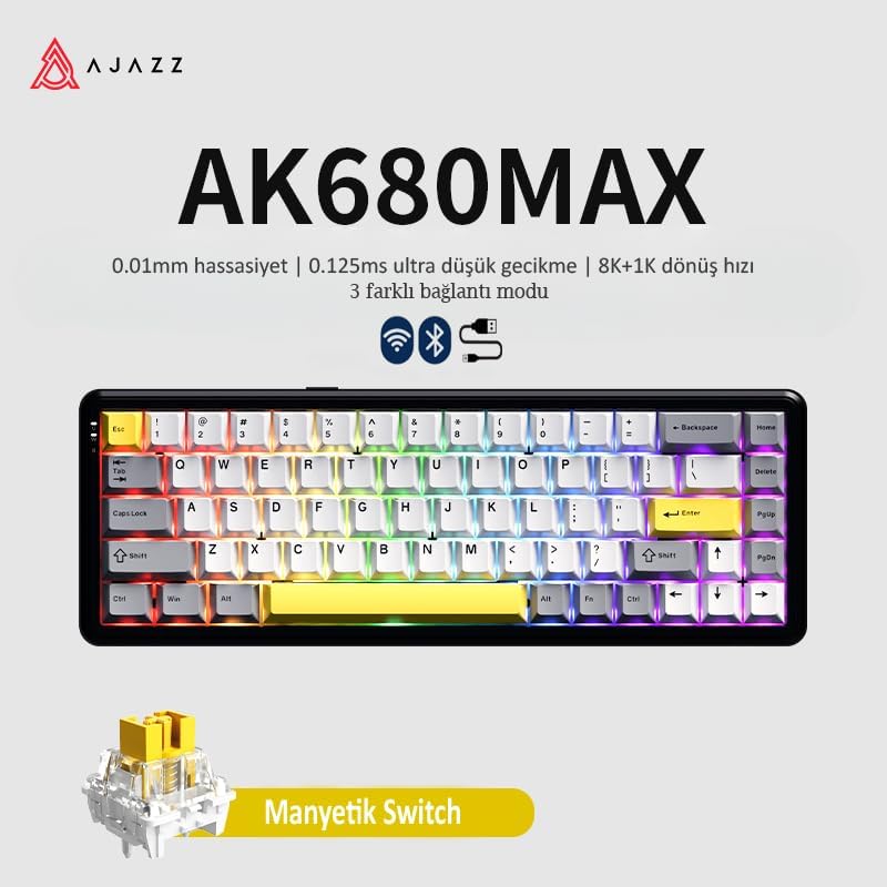Alternative view of AK680 Max%68 Manyetik Switch, 3000mAh Batarya 8000 Hz Kablolu-1000 Hz Polling Rate Kablosuz Manyetik Klavye RGB Arkadan Aydınlatmalı Özelleştirilebilir Tuşlar (AK680 Max - Siyah Sarı)