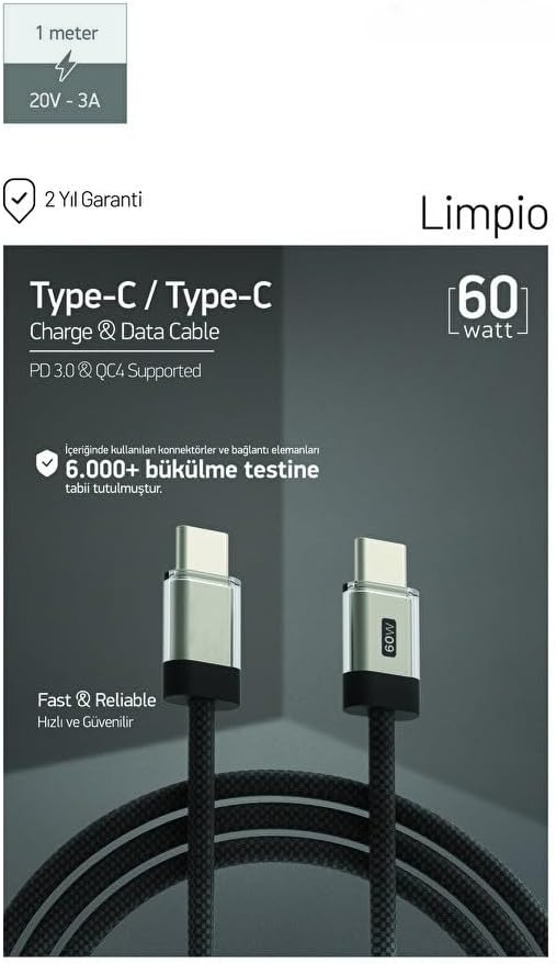 60W PD 3.0 Limpio Type-C to Type-C Hızlı Şarj ve Data Kablosu 1m Siyah