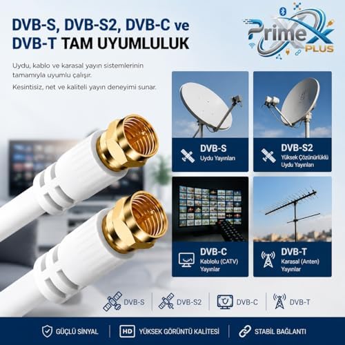 Plus PX-TV1 1 Metre RG6 Full HD TV Uydu Kablosu, Altın uç Anten Kablosu, DVB-T, DVB-C, DVB-S, DVB-S2 Beyaz