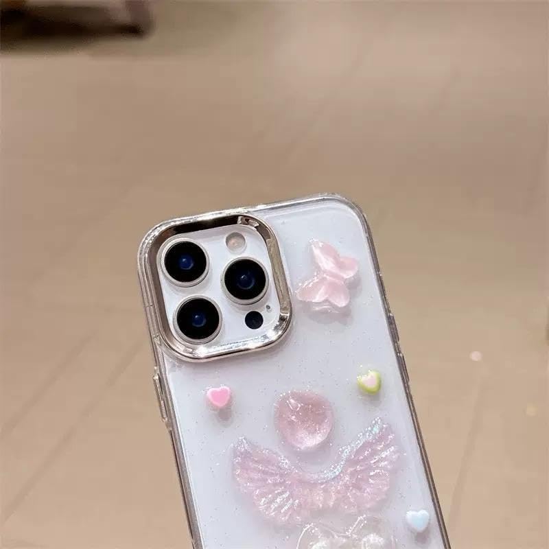 3D Melek Kanatlı Kalpli Şeffaf Simli iPhone 14 Pro Uyumlu Kılıf – Kamera Korumalı, Darbe Emici Silikon - Görsel 3