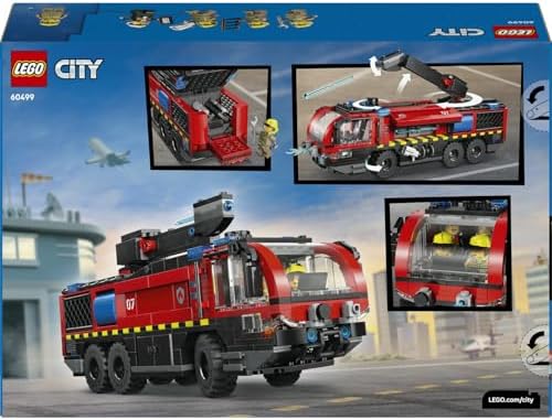 City Havaalanı İtfaiye Kamyonu 60499 – 7 Yaş ve Üzeri Çocuklar için 4 İtfaiyeci Minifigürü ile Koltuklu Ayrıntılı Kokpit İçeren Yaratıcı Oyuncak Araba Yapım Seti, Hediye Fikri (691 Parça)