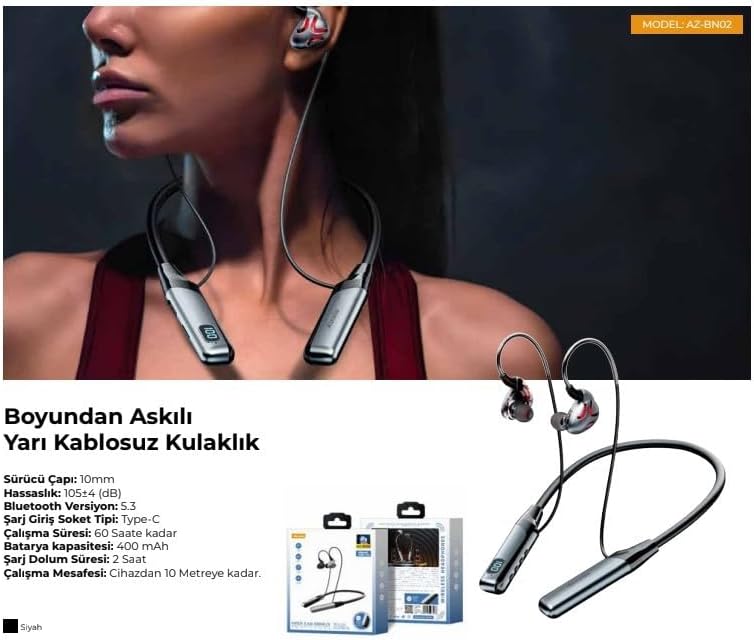 AZ-BN02 Boyun Askılı Bluetooth Kulaklık (400mah, 60 saat bekleme) (AZ-BN02) - Görsel 3