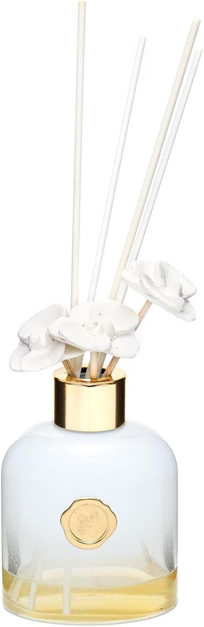 130 ml Beyaz Cam Şişe Seramik Çiçek Taşlı Bambu Çubuklu White Jasmine Oda Kokusu
