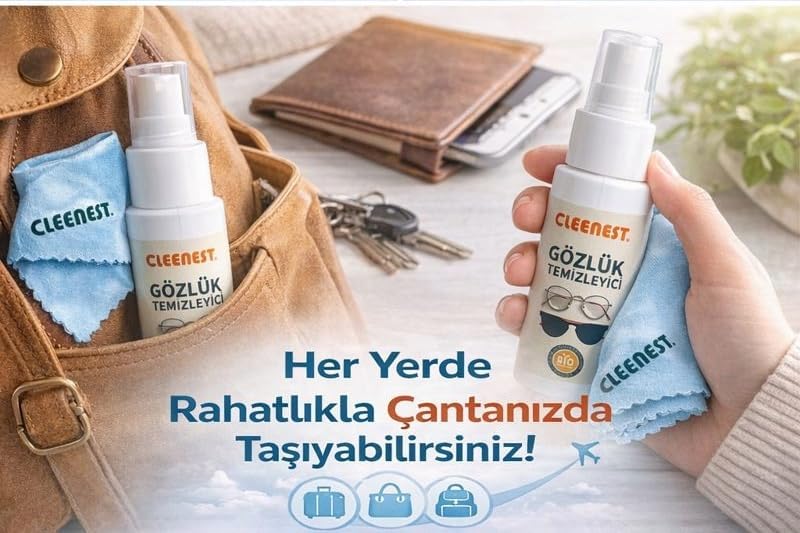 Gözlük ve Ekran Temizleme Seti – 50 ml Nazik Solüsyon & Yumuşak 15 x 18 cm kaşmir Mikrofiber Bez ile Işıltılı Temizlik
