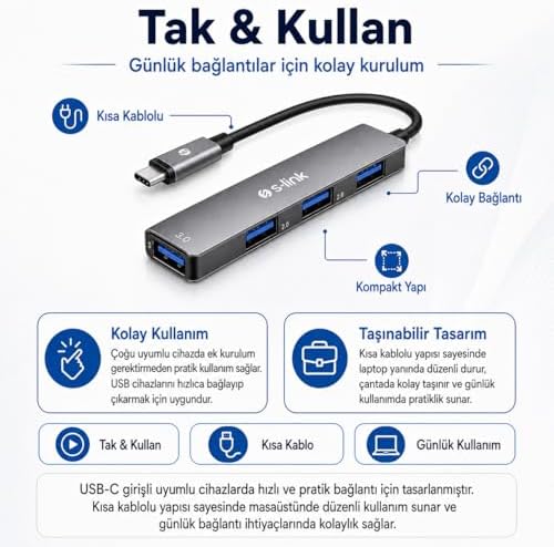 SW-U324 Type-C Metal USB Hub, 3x USB 2.0 + 1x USB 3.0 4 Port USB Çoklayıcı, Alüminyum Gövde Gri USB-C Hub, Laptop Tablet PC MacBook İçin Mouse Klavye USB Bellek Aksesuar Bağlantı Adaptörü - Görsel 3