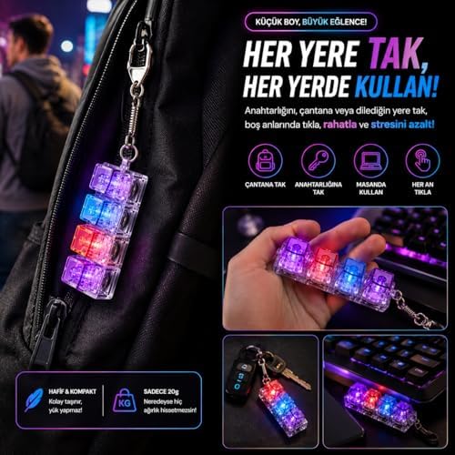 Talky Işıklı Mini Klavye Anahtarlık, Click Sesli Mekanik Switch Fidget Oyuncak,RGB LED Işıklı Stres Giderici - Görsel 3