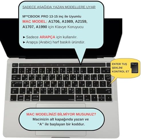Alternative view of Arapça Klavye Koruyucu MacBook Pro 13 15 Touch Bar Uyumlu A1706 A1989 A2159 A1707 A1990 | UK ISO Ters L Enter | Arapça Baskılı Silikon Keyboard Cover Siyah