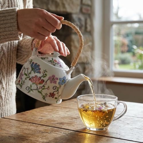 Alternative view of Porselen Çini Piraye Demlik - Bambu/Hasır Saplı, Ateşe Dayanıklı Nostaljik Bitki Çayı ve Çay Demliği (900 ml - 2 Farklı Desen Seçeneği) (PIRAYE)