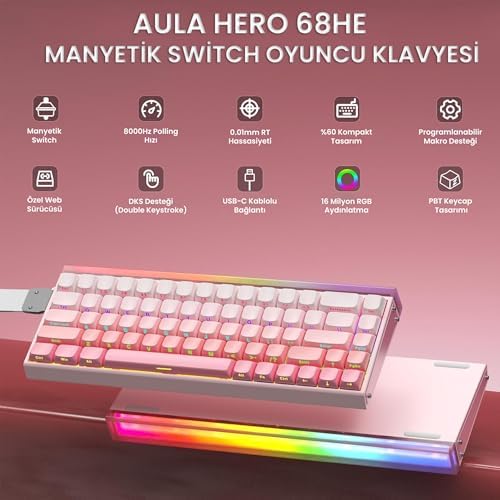 Aula Hero 68 He Manyetik Klavye Rapid Trigger Black King Switch 8000Hz RGB Neon TKL Hot Swap Oyuncu Klavyesi Pembe - Görsel 3