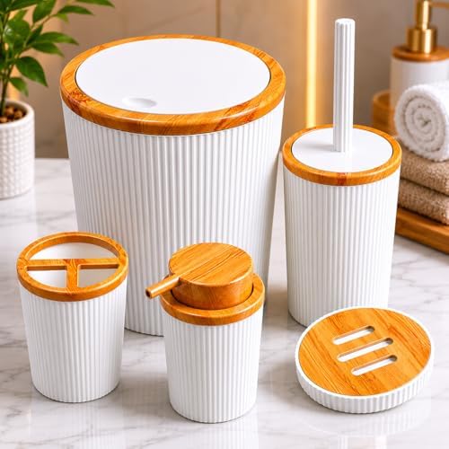 Alternative view of Beyaz Bambu Desenli 5 Parça Banyo Seti, Çöp Kovası, WC Fırçalık, Sıvı Sabunluk, Diş Fırçalık ve Sabunluk