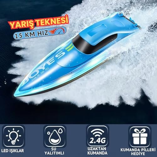 Oyuncak Uzaktan Kumandalı Full fFonksiyon 2.4 GHz 15 Km Hız Yapan Şarjlı Yarış Teknesi Led Işıklı Su Yalıtımlı Havuz Göl Gölet İçin Uygun 1200 MAh Batarya (MAVİ) - Görsel 3
