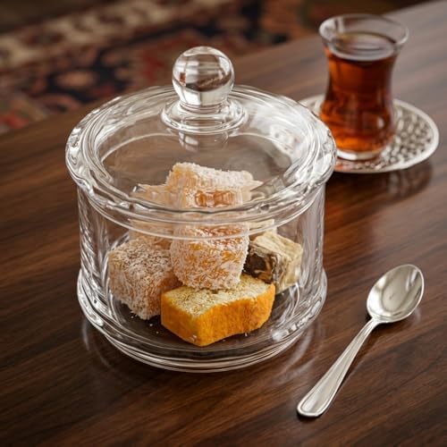 El Yapımı 3 Katlı Cam Sunumluk - Kapaklı Dekoratif Şekerlik, Kurabiyelik ve Lokumluk (Çap: 10 cm, Yükseklik: 21 cm)