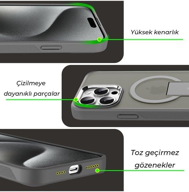 & AKSESUAR iPhone 16 Pro için Magsafe ile Uyumlu Arkası Mat Yapıya Metal Kamera Çerçeveli Ultra Güçlendirilmiş Açılır Stantlı Tork Kılıf (Gri) - Görsel 3