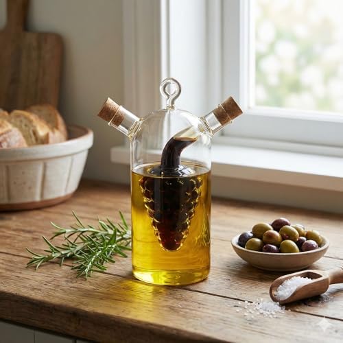 2'si 1 Arada Cam Yağlık ve Sirkelik - İç İçe Geçmeli Çift Hazneli Dekoratif Sosluk - Mantar Kapaklı Zeytinyağı ve Sirke Şişesi (240ml + 60ml) - Görsel 3