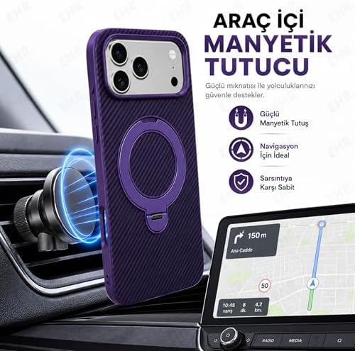 Ehr. iPhone 17 Pro ile Uyumlu Magsafe Wireless Şarj Özellikli Kamera Çıkıntılı Standlı Carbon içi Kadife Silikon Arka Kapak (Mor, iPhone 17 Pro) - Görsel 2