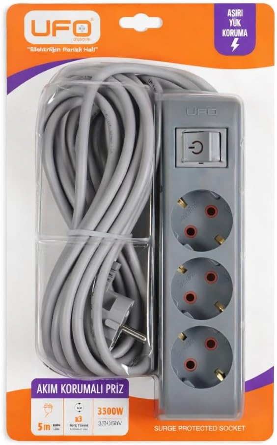 Alternative view of 3lü Akım Korumalı Priz 5 metre Kablolu Grup Priz, Max 3500W Aşırı Yük Koruması 3lü Uzatma Kablosu Çoklu Priz Gri Renk