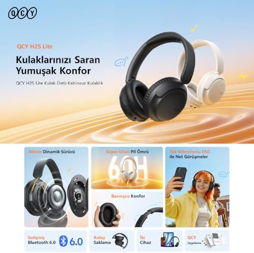 H2s Lite 6.0 Bluetooth Kulaklık ENC Net Çağrı - Çift Cihaz 40 mm Dinamik Sürücü - 60 Saat Dinle (Beyaz)