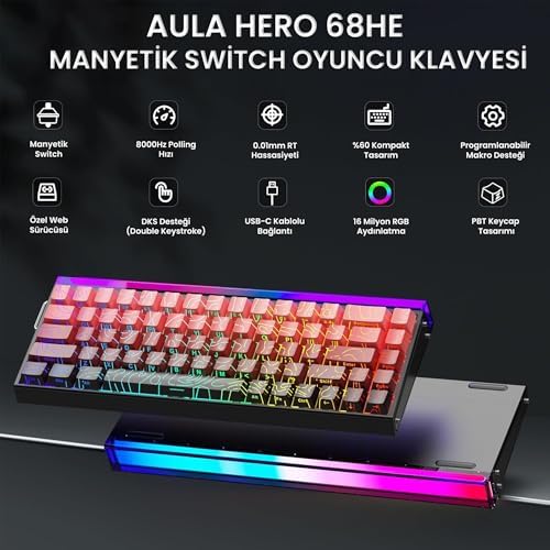 Alternative view of Aula Hero 68 He Manyetik Klavye Rapid Trigger Dragon King Switch 8000Hz RGB Neon TKL Hot Swap Oyuncu Klavyesi Kırmızı