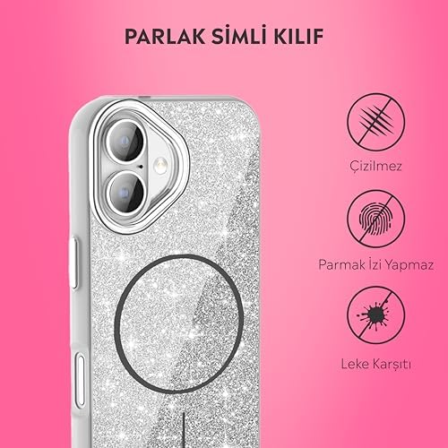 iPhone Kılıf M-safe Şarj Özellikli Parlayan Simli Sararmaz Kılıf (Gümüş, iPhone 16) - Görsel 3