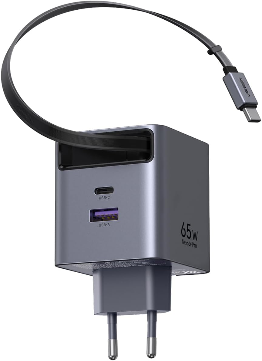 65W Makaralı Dahili Kablolu GaN Hızlı Şarj Cihazı, 2xUSB-C, 1xUSB-A, Gri, 65825
