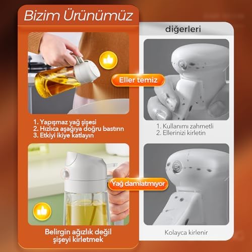 YARRAMATE Pişirme için Yağ Püskürtücü, Mutfak için 2'si 1 Arada Zeytinyağı Dispenseri Şişesi, 16oz/470ml Premium Cam Yeşil Kabı, Hava Fritözü, Salata, Kızartma, Barbekü için Gıda Sınıfı Mister - Görsel 3