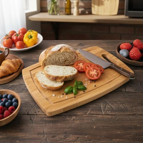 Antibakteriyel Bambu Kesme Tahtası (34x24 cm) | Oluklu, Saplı Dikdörtgen Doğrama Tahtası | Hijyenik ve Bıçak Dostu Mutfak Tahtası