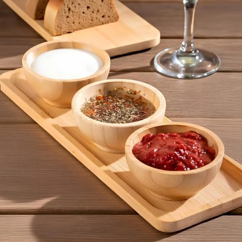 Doğal Bambu Standlı 3'lü Yuvarlak Sosluk ve Çerezlik Seti (20x6,5 cm) - Kahvaltılık İkramlık Takımı
