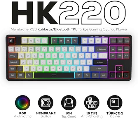 Alternative view of Hawk Gaming HK220 Membrane RGB Kablosuz/Bluetooth Siyah Beyaz TKL Türkçe Gaming Klavye