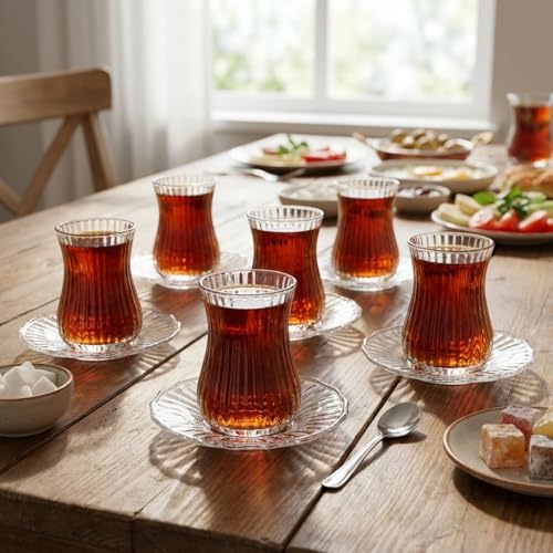 12 Parça Çay Seti - 6 Adet Fitil Desenli Cam Çay Bardağı ve 6 Adet Cam Çay Tabağı - Isıya Dayanıklı Çay Takımı