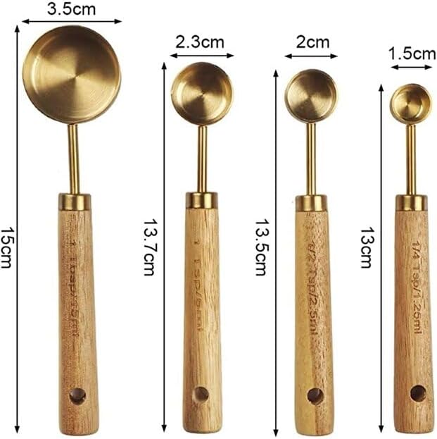 4 Adet Gold Paslanmaz Çelik Ahşap Saplı Ölçü Kaşığı Seti Ölçü Kabı Küçük - Görsel 3