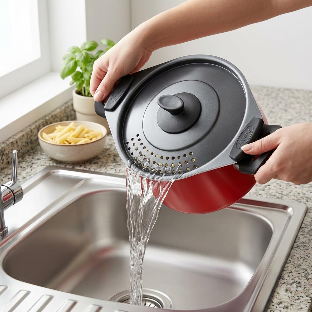 Alternative view of Redio Akıllı Makarna ve Mantı Tenceresi - Kendinden Süzgeçli Kapaklı, Yanmaz Yapışmaz Kırmızı Derin Tencere, 20 cm, 4 Litre Kapasiteli