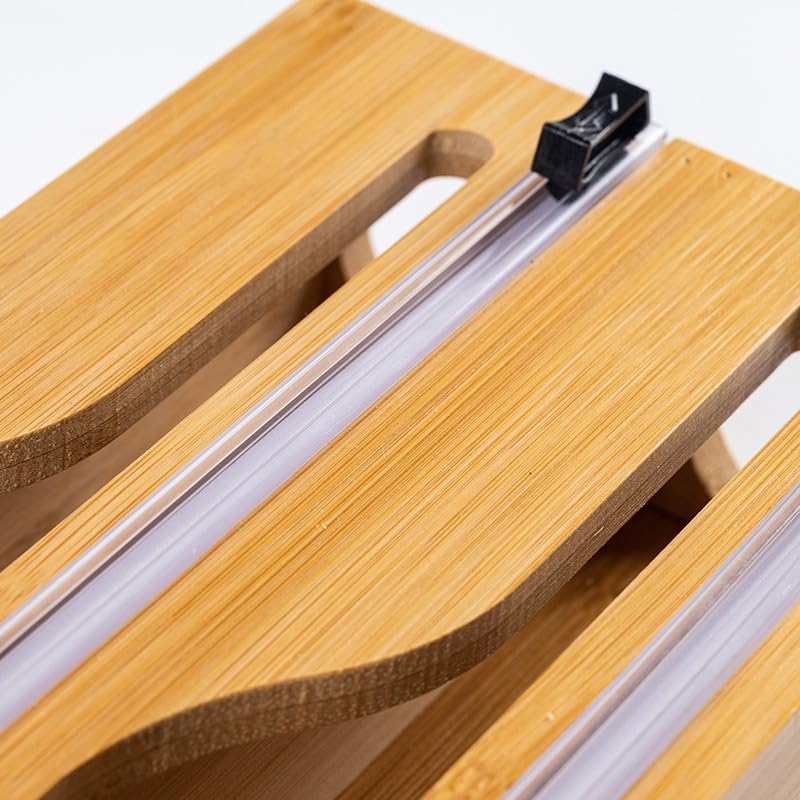 3 Bölmeli Doğal Bambu Folyoluk ve Streç Film Kesici Organizer - Sürgülü Bıçaklı Çekmece İçi Düzenleyici Pişirme Kağıdı ve Alüminyum Folyo Standı Mutfak Organizeri (35,5 x 22 x 7 cm) - Görsel 3
