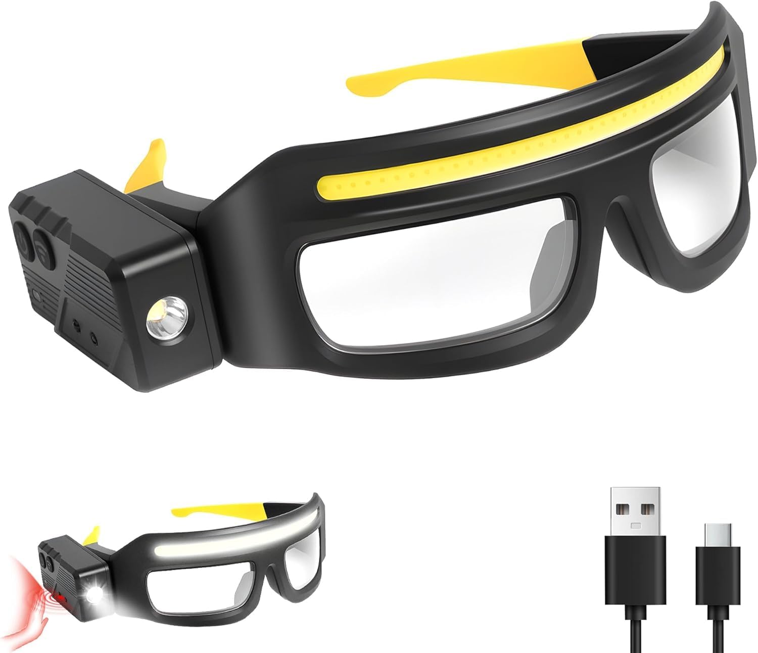 Hareket sensörü ve dokunmatik kontrollü LED Koruycu güvenlik Gözlük, Gece Koşusu, Kamp, Balıkçılık, Bisiklet, Yürüyüş, kitap Okuma Eller Serbest Aydınlatma için 5 modlu USB C ışıklı (sarı)