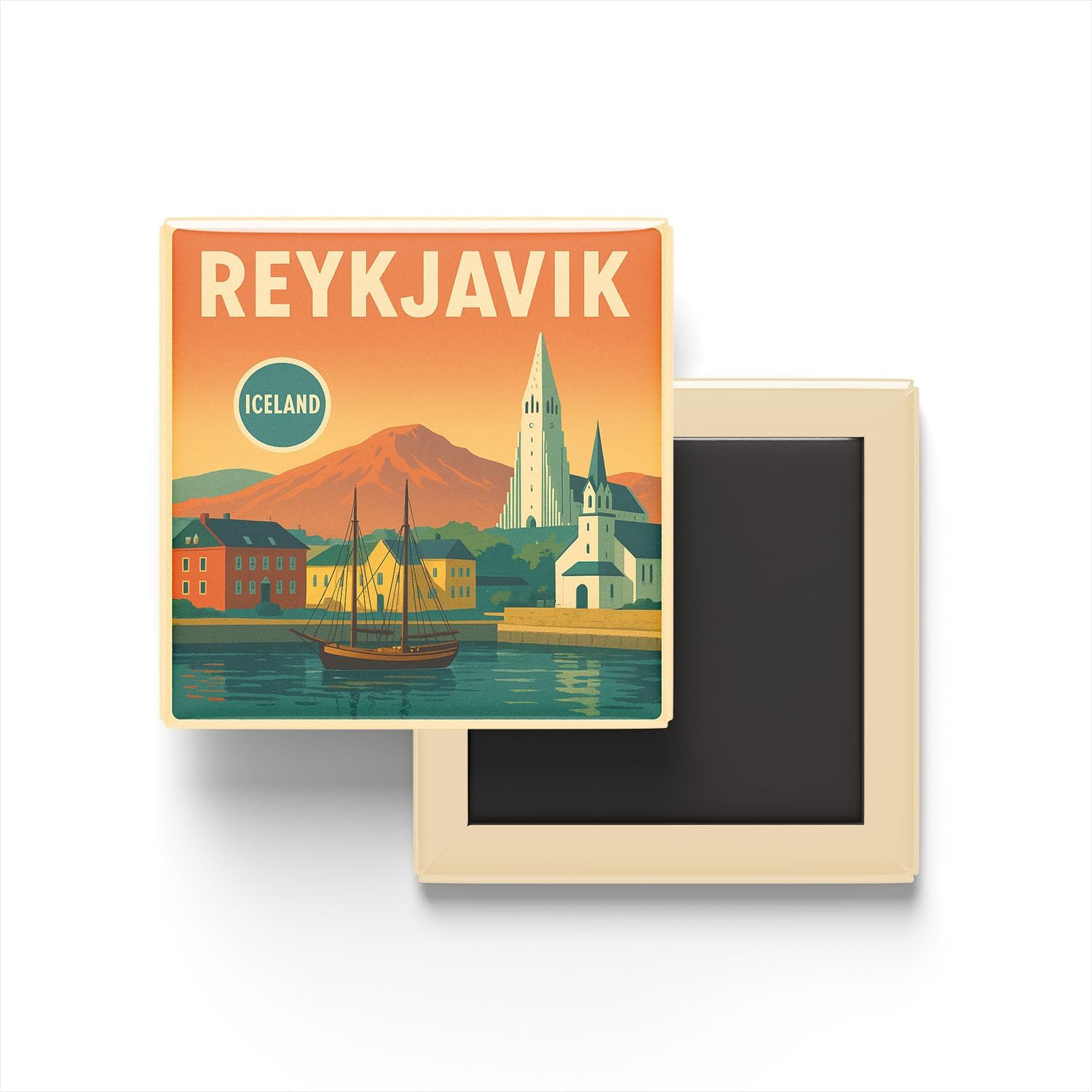 Reykjavik İzlanda - Eski Liman - Baskılı Buzdolap Magneti Kare 9x9 cm