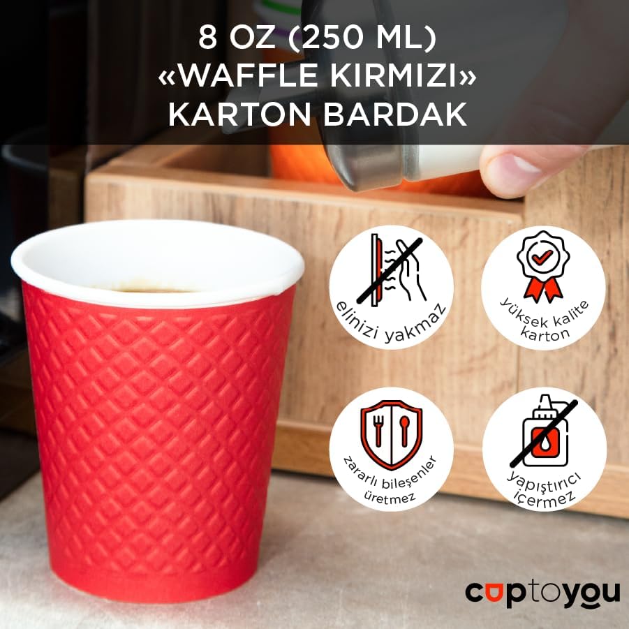 25 adet kırmızı tek kullanımlık çift duvarlı karton bardağı 8 oz, küçük kağıt kahve bardakları 250 ml, soğuk ve sıcak içecekler, Waffle Kırmızı - Görsel 3