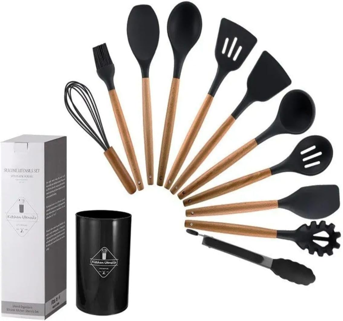 Alternative view of Silikon Spatula Mutfak Gereçleri Seti, 12 Parça, Ahşap Saplı, Siyah Kaşıklık Hediyeli