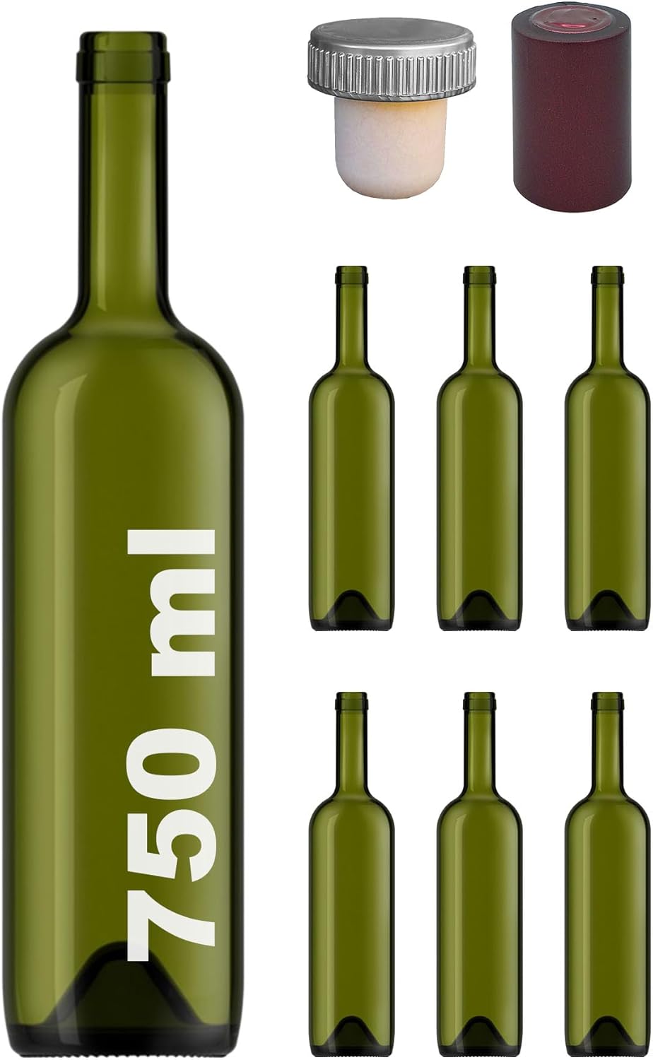 750 ml Yeşil Şarap Şişesi Sentetik Mantar Tıpalı Ve Kapüşonlu Boş Çukur Cam Şişe 6 Adet - Görsel 3
