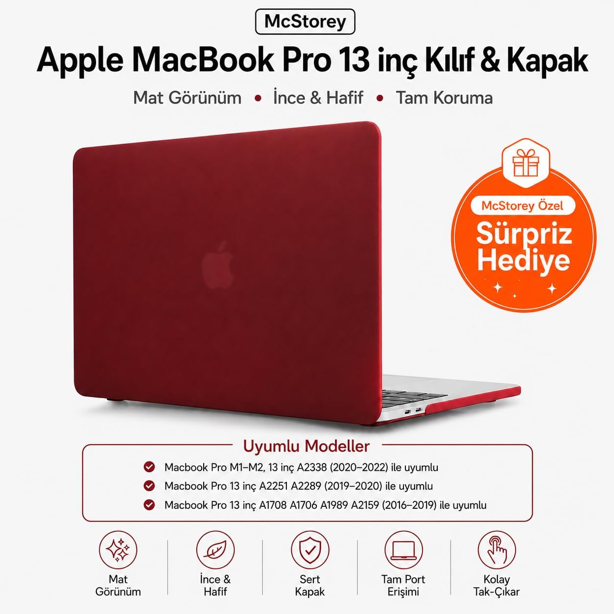 Alternative view of MacBook Pro 13 İnç M1 M2 Kılıf A2338 Uyumlu | Mat Sert Koruyucu Kapak Hard Case | A1706 A1708 A1989 A2159 A2251 A2289 Uyumlu İnce Hafif Buzlu Laptop Kılıfı Bordo