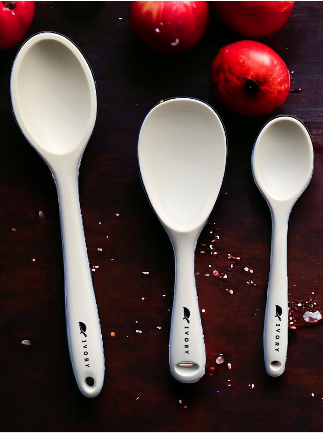 Sert Uçlu Isıya Dayanıklı Silikon Kaşık Seti, 28 cm-22 cm-20 cm, Krem - Görsel 3