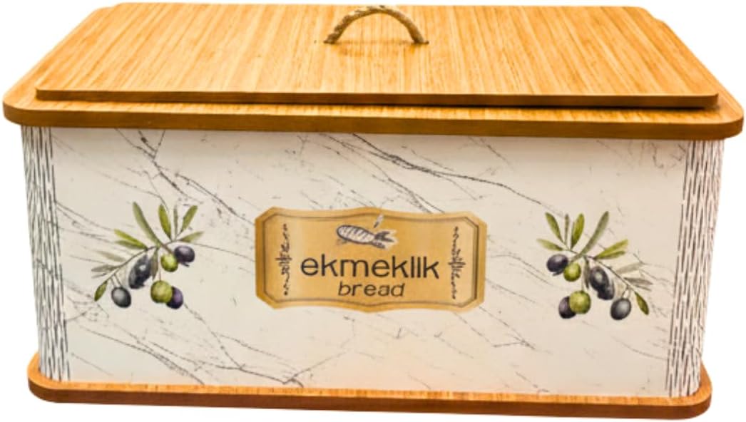 Alternative view of Geleneksel Tasarım Kapaklı Büyük Ekmeklik Dikdörtgen Ahşap Ekmek Sepeti Mermer Desenli