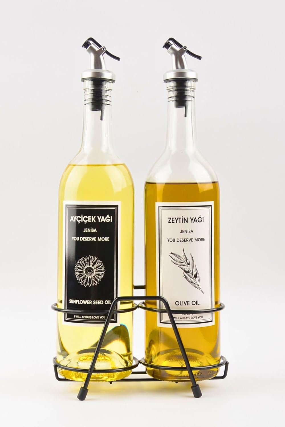 Şeffaf 750 Ml Siyah Beyaz Etiketli Siyah Standlı Akıtıcılı Yağlık Yağdanlık
