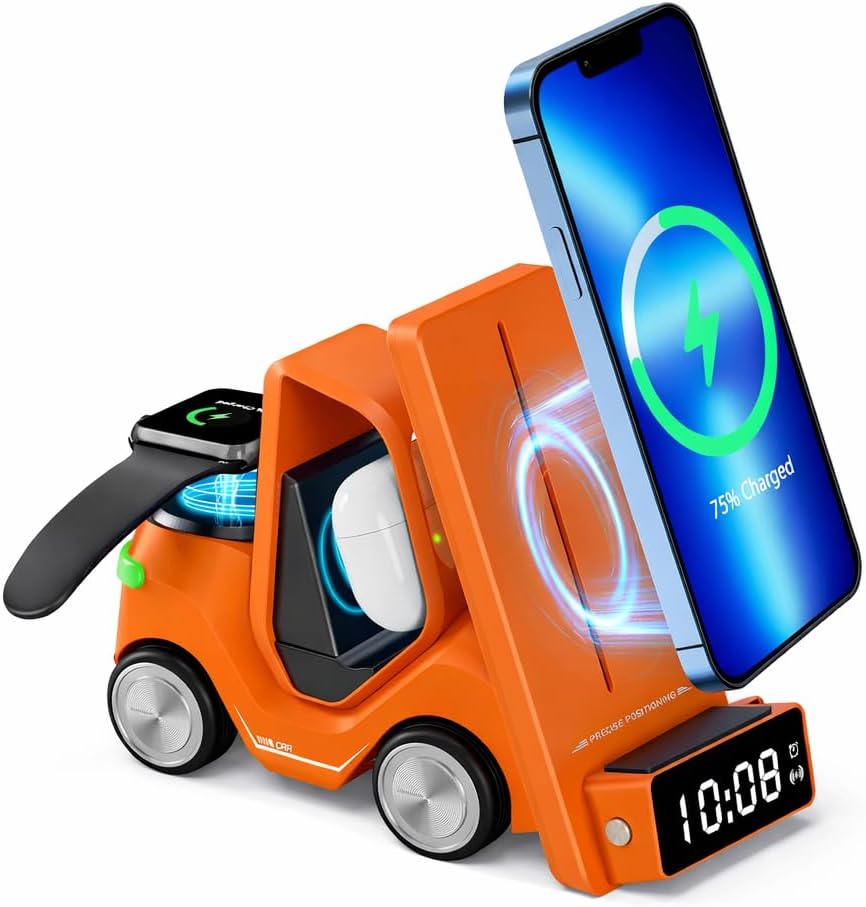 T20 15W 5’i 1 Arada Magsafe Kablosuz Şarj İstasyonu, Dijital Saatli Forklift Tasarım, iPhone 16/15/14/13/12, Apple Watch, AirPods Uyumlu Masaüstü Hızlı Şarj Standı (Turuncu)