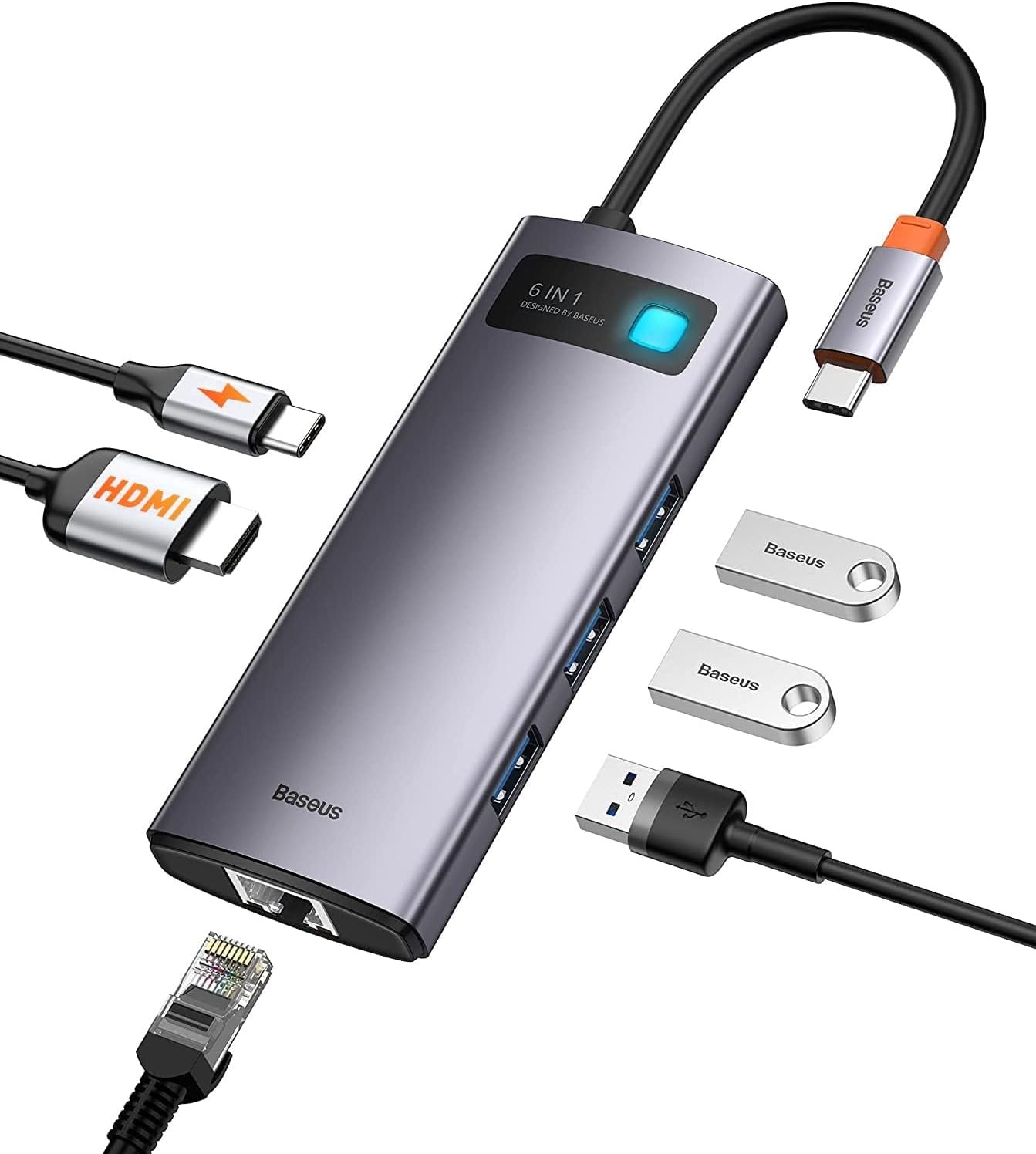 Metal Gleam 6 in 1, Çok Fonksiyonlu Bilgisayar/Telefon Hub Adaptörü, Gri, Bağlantı Sayısı: 6, Giriş: USB Type C, Çıkış: USB Type A 3.0 X 3, USB Type C (PD),Seyahat Boy - Görsel 3