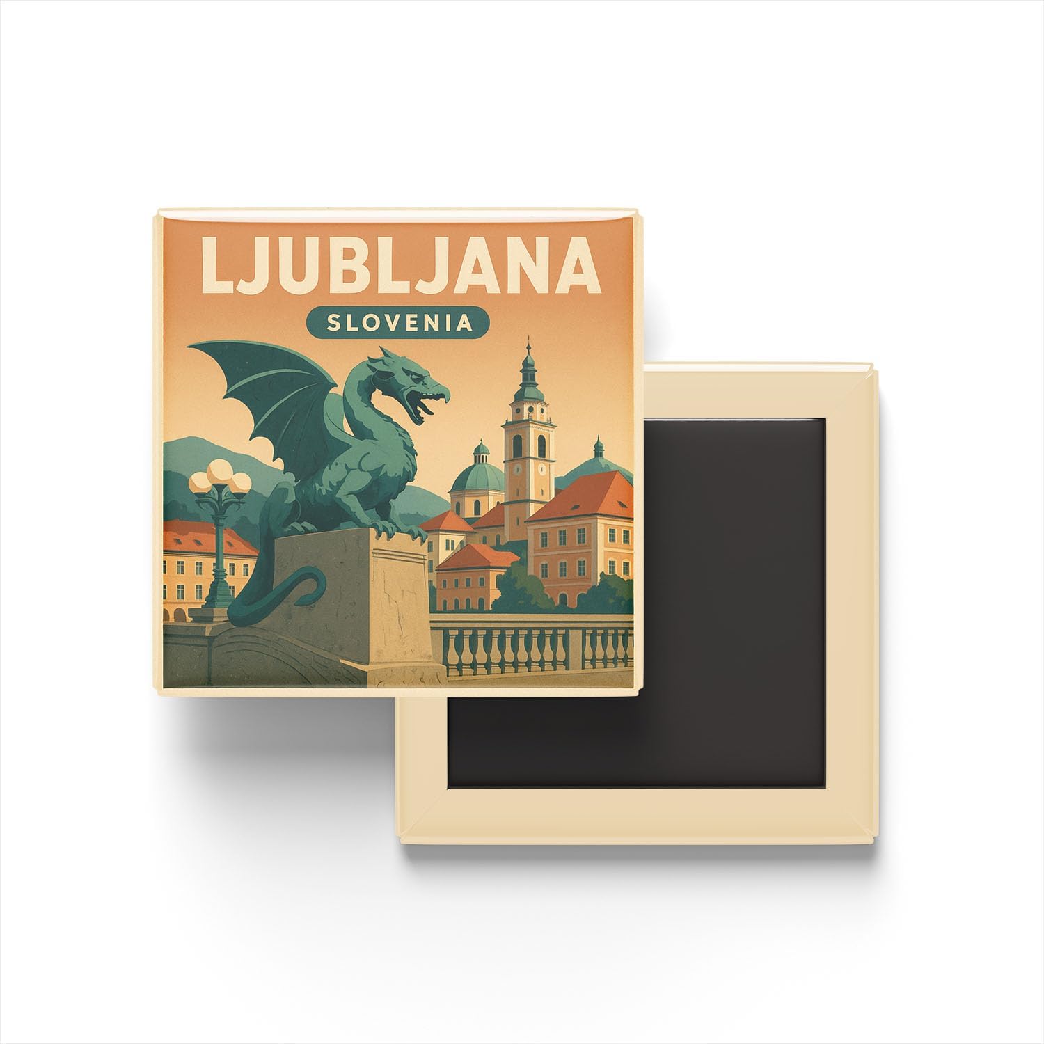 Alternative view of Ljubljana Slovenya - Ejderha Köprüsü - Baskılı Buzdolap Magneti Kare 9x9 cm