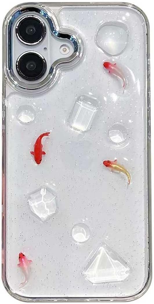 3D Koi Balıklı Şeffaf Simli iPhone 14/13 Uyumlu Kılıf – Kamera Korumalı, Darbe Emici Silikon